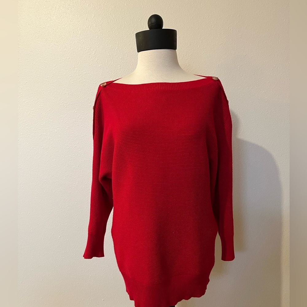 Cable & Gauge boat neck Red Sweater with button detail. Fits Women’s size S/M